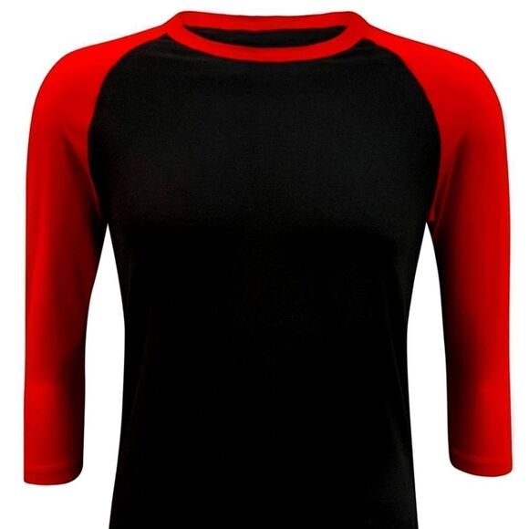 3/4 Length Baseball Tee Blacl & Red Size Medium - Picture 2 of 7